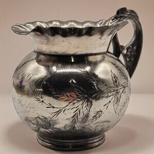 Antique Silver Creamer with Etched Flowers & Ruffle Rim-Vintage Aurora SP MFG Co
